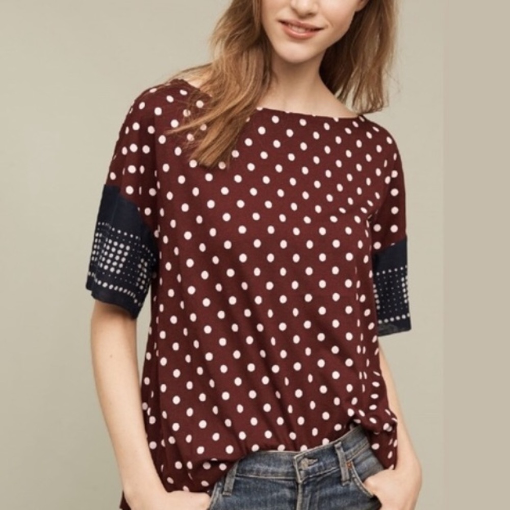 ANTHROPOLOGIE Burgundy and Navy Polka Dot Tee L